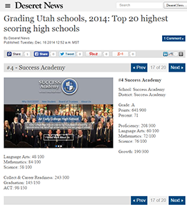 Deseret News article lising their top 20 high schools, SUCCESS Acaemy is rated 4th.